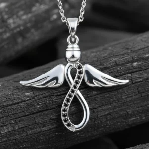 Infinity Angel Wing Pendant With Black Stones - Sterling Silver Design