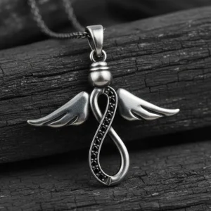 Infinity Angel Wing Pendant With Black Stones - Sterling Silver Design