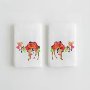 Camel Pattern Turkish Cotton Hand Towels: Fringed Bath & Kitchen Decor, Set Of 2
