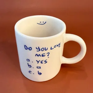 Handmade Ceramic Espresso Mug With Funny Love Quote, Minimalist Blue And White Pottery