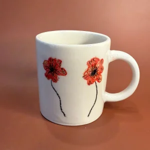 Handmade Ceramic Mug With Red Flowers, Hand Painted Floral Coffee Cup