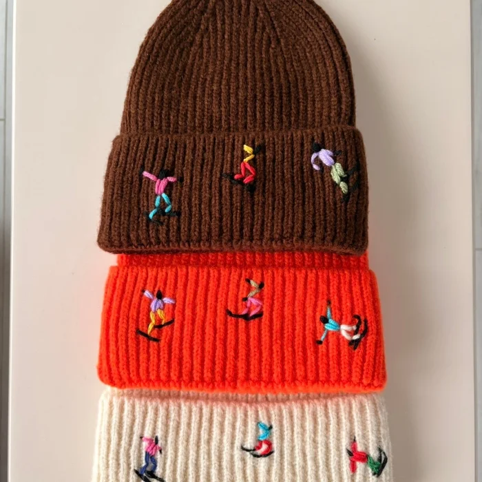 Grey Wool Beanie With Skier Embroidery image 4