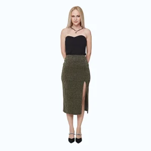 Aurelia Gold & Black Houndstooth Midi Pencil Skirt