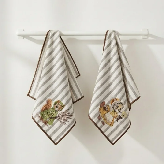 Vintage Squirrel & Cat Embroidered Decorative Towels - Set Of 2 image 1