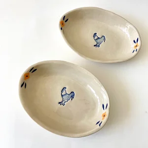2-piece Set Of Rustic Small Boat-shaped Plates With Rooster Design