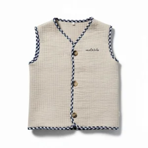 Beige & Navy Blue Plaid Quilted Button West