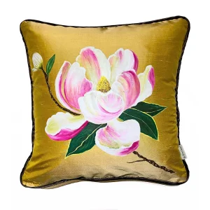 Hand Painted Silk Cushion With Magnolia Design