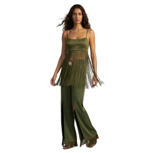 Helia Green Satin Silk Tassel Crop Top & High-waisted Slit Detail Pants Set