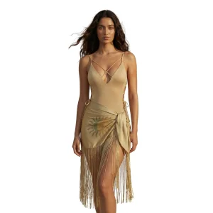 Solea Gold Satin Silk Tassel Pareo - Mediterranean Glow