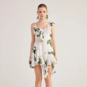 Asymmetric Cut Floral Backless Gigi Dress White
