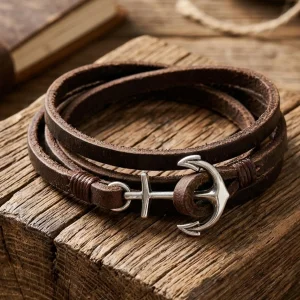 "men's Brown Wrap Leather Bracelet With Anchor Clasp"