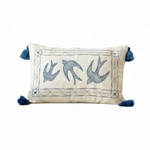 Handmade Blue Ethnic Bird Motif Hand Embroidery Pillow Cover - Tasseled Linen Cushion Case - 14''x 20''bird Pattern Lumbar Pillow
