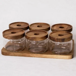 6-piece Round Glass Breakfast Set With Acacia Wood Stand (acacia Wood Vacuum Lid)