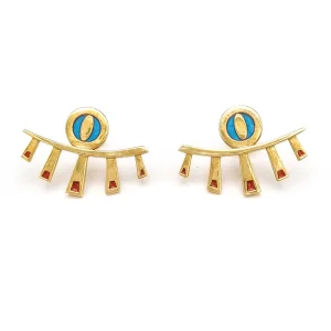 Occhio Protective Eye Lash Turquoise Red Enamel 925 Sterling Silver Earrings