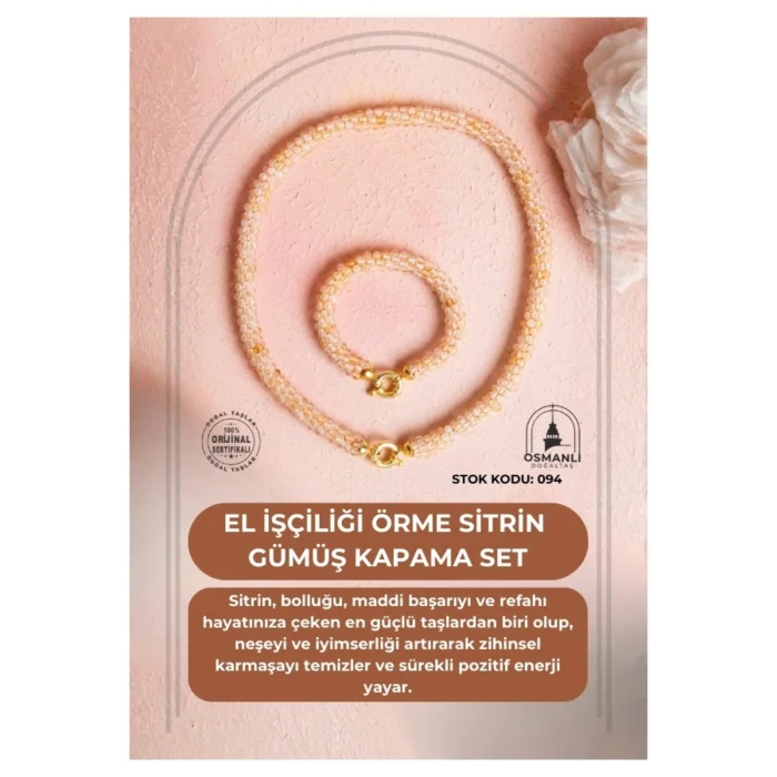 Sertifikalı El İşçiliği Örme Sitrin Gümüş Kapama Doğaltaş Set image 2