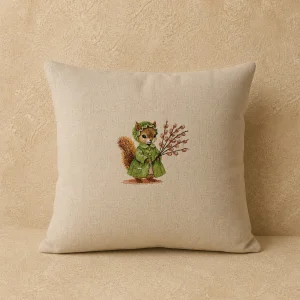 Vintage Squirrel - Embroidered Cotton Linen Cushion Cover