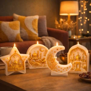 Dini Temalı Dekoratif Mum Seti | Ay Yıldız Cami Figürlü | El Yapımı Soya Wax Mum