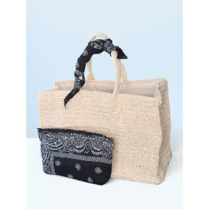 Bandana Bej-Siyah Shoulder Bag & Clutch Set