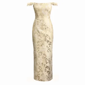Gold Embroidered Brocade Jacquard Long Evening Dress