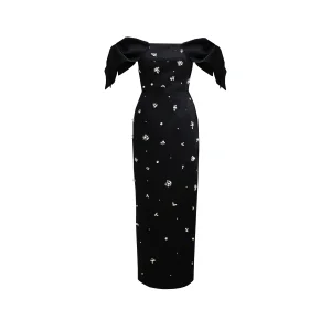 Midnight at Bosphorus Black Satin Crystal and Pearl Embroidered Evening Gown