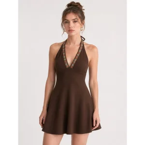 Serene Floral Halter Kahverengi Elbise