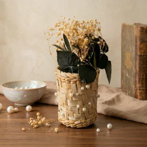 Pearl Detailed Straw Basket Rose Petal & Gypsophila Arrangement