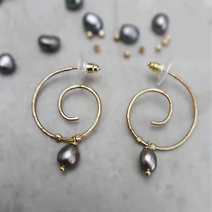 Grey Pearl Spiral Bronze Earrings