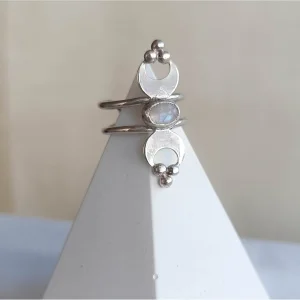 Stars And Moon - Moonstone Gemstone Adjustable Silver Ring
