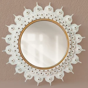 Distressed Wooden Sunburst Mirror White-Beige