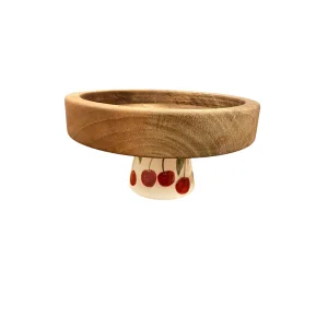 Hand-Painted Ceramic Detailed Solid Walnut Footed Serving Plate