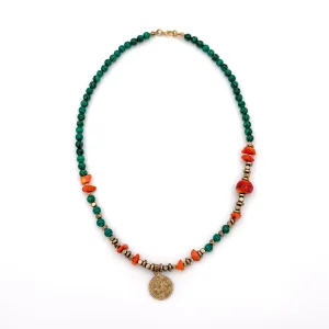 Malachite & Coral Antique Coin Necklace