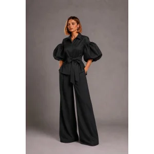 Balloon Sleeve detachable Belt Black Shirt