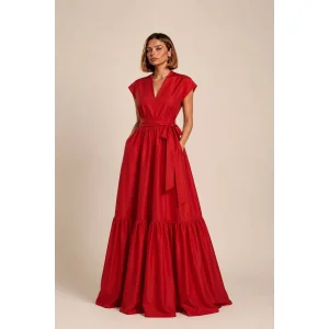 Ruffle Detailed & Belted Red Taffeta Maxi Dress