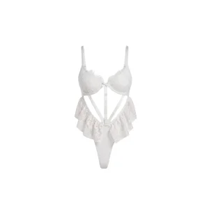 Lyria Rouge Şerit Detaylı Beyaz Dantel Bodysuit