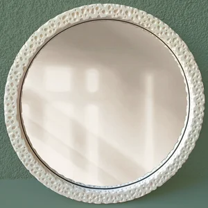 Textured Wooden Round Wall Mirror Beige