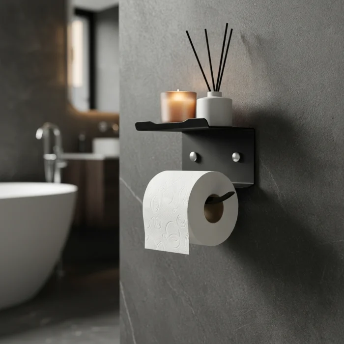 Kuas Shelfroll 25 - Metal Toilet Paper Holder With Shelf Black - Screw-mounted - 2