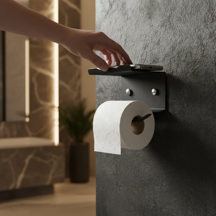 Kuas Shelfroll 25 - Metal Toilet Paper Holder With Shelf Black - Screw-mounted - 3