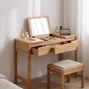 Sigrid Scandinavian Natural Oak Solid Folding Mirror Dressing Table and Stool Set