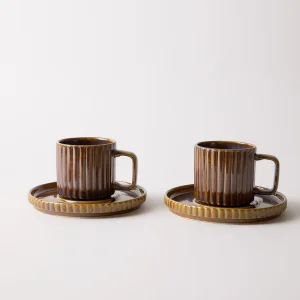 Relief Assorted Pattern 4-piece Coffee Cup Set For 2 Persons 90 Ml - Yellow Brown