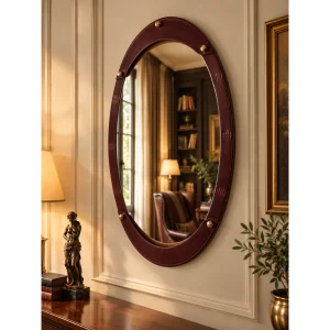 Marmara Burgundy Leather Oval Mirror - 3