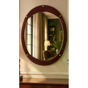 Marmara Burgundy Leather Oval Mirror - 1