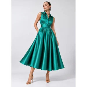 Pleated Belted Midi Satin Shirt Dress