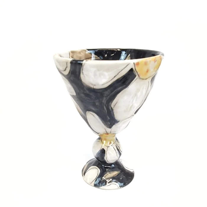 Siyah Çiçekli Stoneware Seramik Kadeh - 2