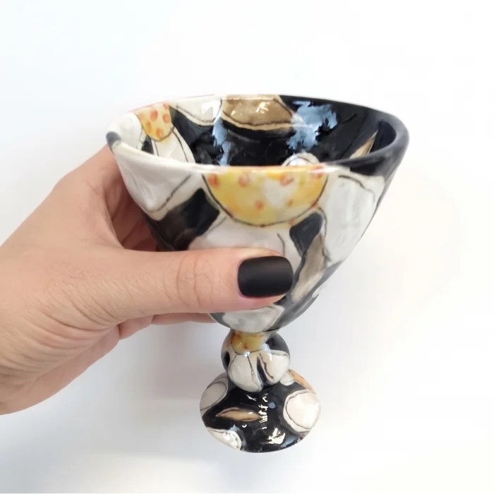 Siyah Çiçekli Stoneware Seramik Kadeh - 5