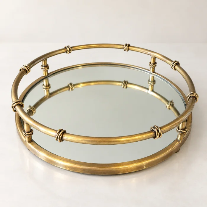Antik Pirinç Yuvarlak Aynalı Dekoratif Tepsi - 2