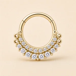 Çift Sıra Zirkon Taşlı 14 Ayar Altın Septum Piercing