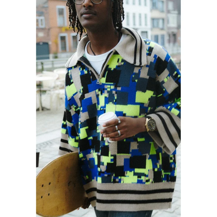 No Knit Oversize Jacquard Polo Sweater - 5