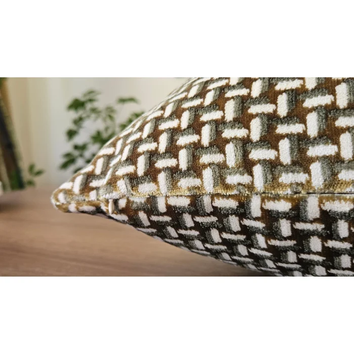 Geometric Patterned Sage and Olive Green Velvet Cushion Cover - 6
