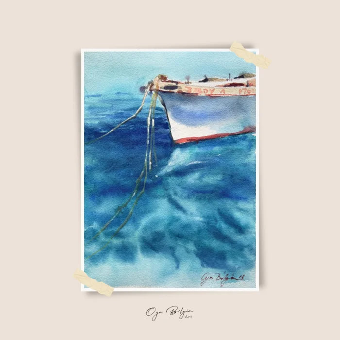 Tekne ve Deniz Orijinal Suluboya Resim - 3