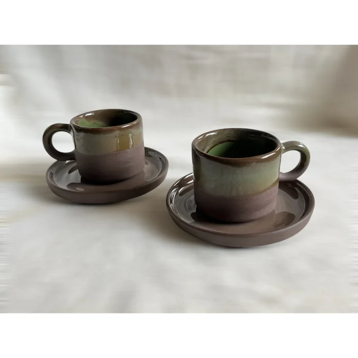 Olive Stoneware Seramik Espresso Kahve Fincanı ve Tabak Seti - 2